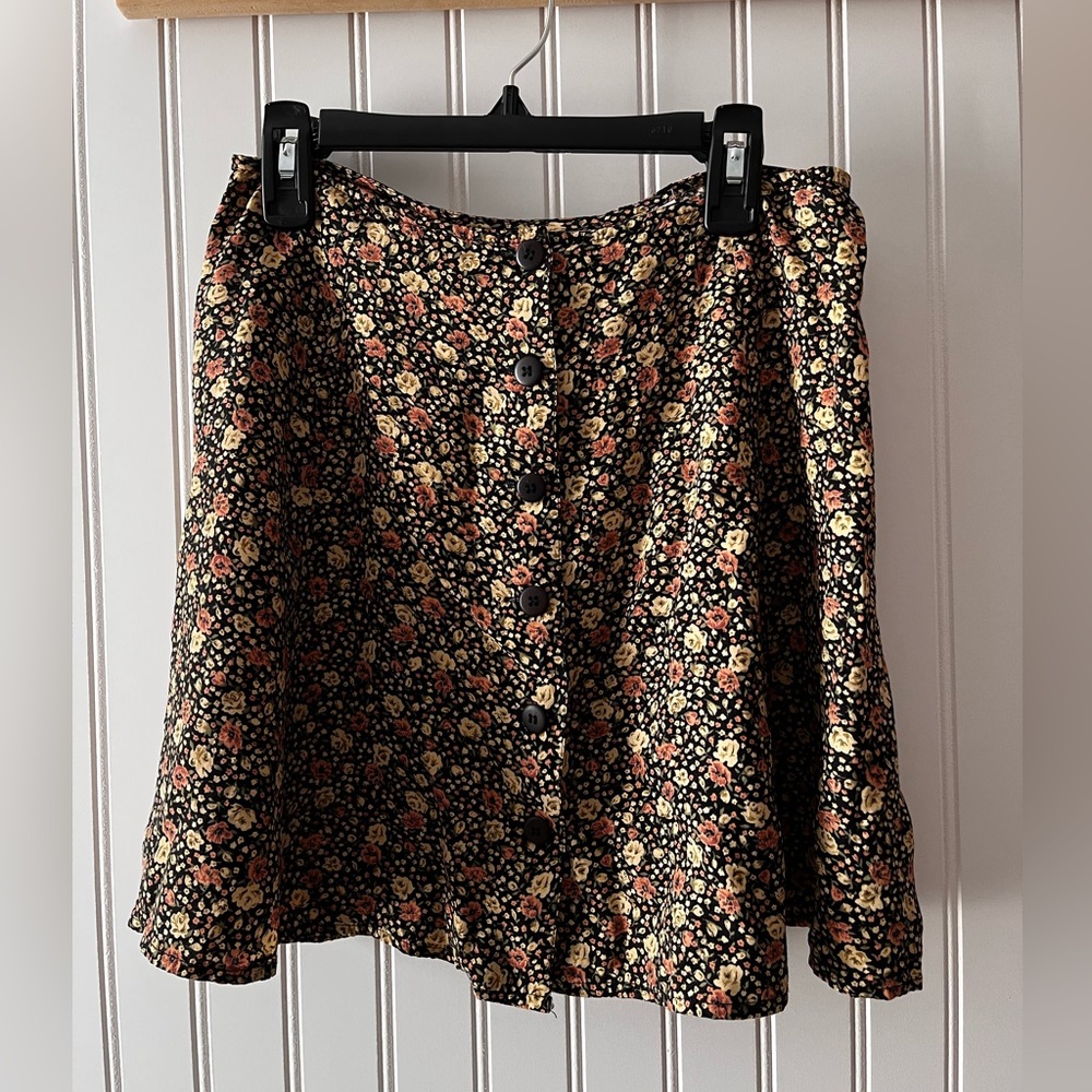 Vintage express black floral button front mini skirt
